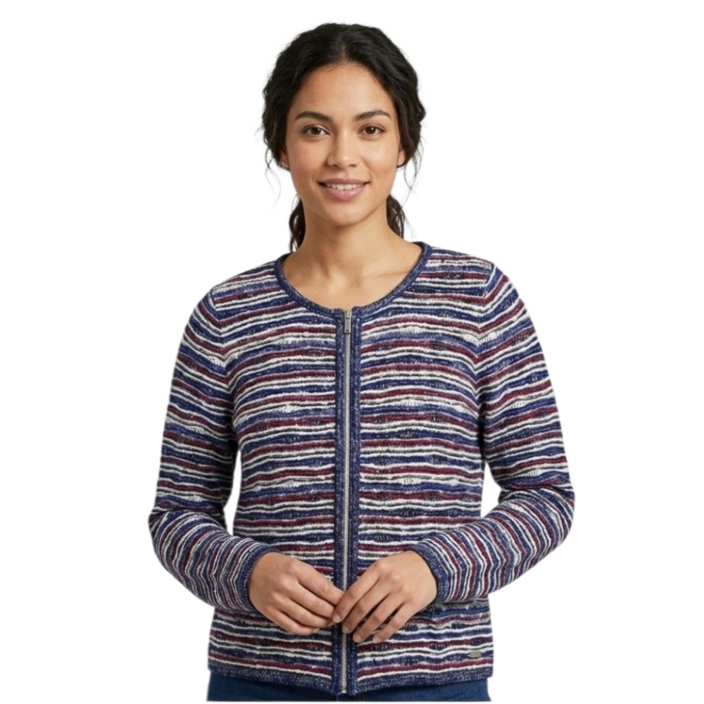 Northern Reflections Zipper Carsigan Sparkle Blue and Red STRIPE Sweater